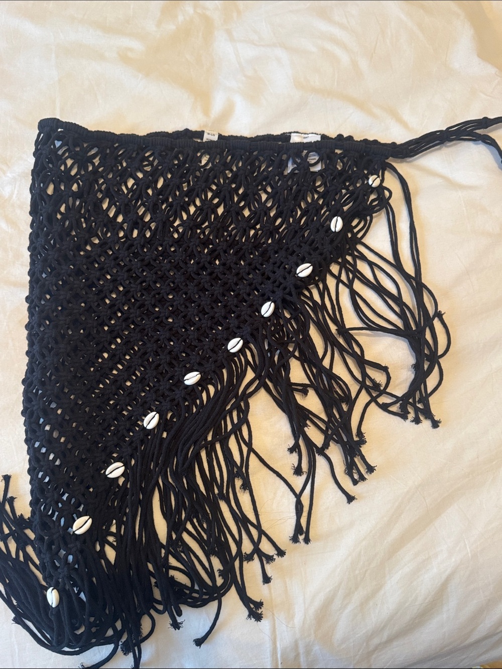 Handmade Black Macramé Fringe Waist Scarf with Shells